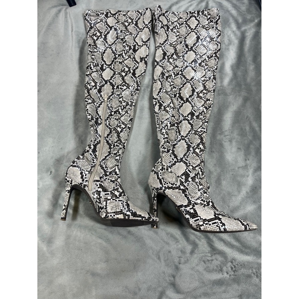 THALIA SODI Womens Gray Snake‎ Print Thigh High Stiletto Zip-Up Boots Size 8